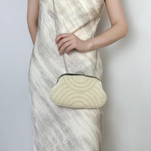 Aovtero Women Pearl Clutch Bride Bag Purse Wedding Prom Evening Bags Formal Full Beaded Handbag with Chain in Kuwait