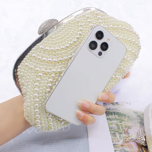 Aovtero Women Pearl Clutch Bride Bag Purse Wedding Prom Evening Bags Formal Full Beaded Handbag with Chain in Kuwait