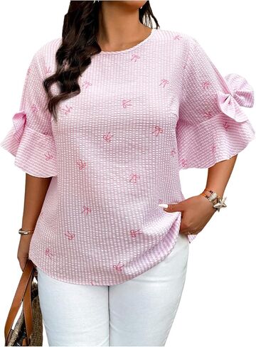 GORGLITTER Women's Plus Size Striped Bow Blouse Ruffle Flare Short Sleeve Crewneck Trendy Dressy Work Shirt Top in Saudi Arabia