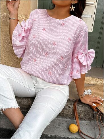 GORGLITTER Women's Plus Size Striped Bow Blouse Ruffle Flare Short Sleeve Crewneck Trendy Dressy Work Shirt Top in Saudi Arabia