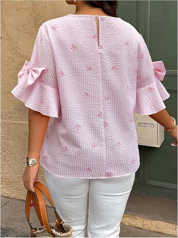 GORGLITTER Women's Plus Size Striped Bow Blouse Ruffle Flare Short Sleeve Crewneck Trendy Dressy Work Shirt Top in Saudi Arabia