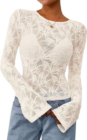 PRETTYGARDEN Womens Lace Long Bell Sleeve Tops 2025 Fall Sexy See Through Sheer Floral Blouse Shirt Fitted Going Out Outfits in Saudi Arabia
