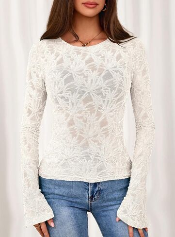 PRETTYGARDEN Womens Lace Long Bell Sleeve Tops 2025 Fall Sexy See Through Sheer Floral Blouse Shirt Fitted Going Out Outfits in Saudi Arabia