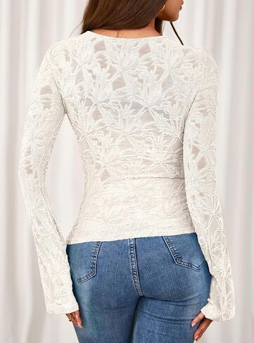 PRETTYGARDEN Womens Lace Long Bell Sleeve Tops 2025 Fall Sexy See Through Sheer Floral Blouse Shirt Fitted Going Out Outfits in Saudi Arabia