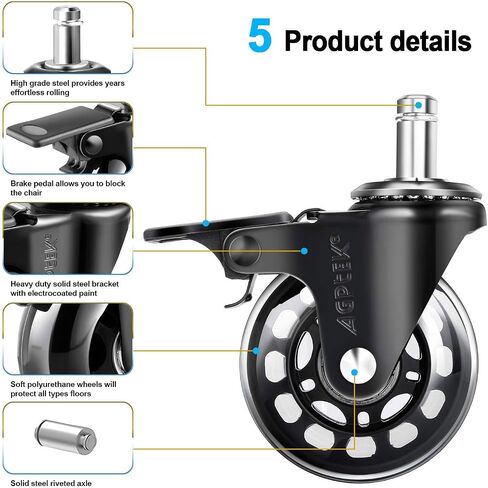 AGPTEK Office Chair Caster Wheels 2" Office Chair Ball Caster Wheels Heavy Duty Replacement Casters for Hardwood Floor Carpet Mats 7/16" x 7/8" (11 x 22 millimeters) Set of 5 in Saudi Arabia