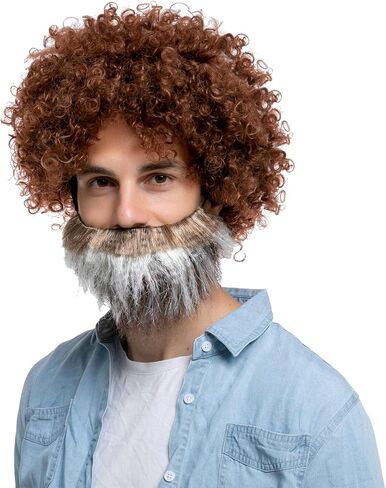 Spooktacular Creations Halloween Brown Afro Wig with Beard 70s/80s Disco Hippie Costume, for Unisex Funky Curl Hair, Curly Afro Wig Outfits Halloween Costume Art Teacher Cosplay Party Accessories in Saudi Arabia