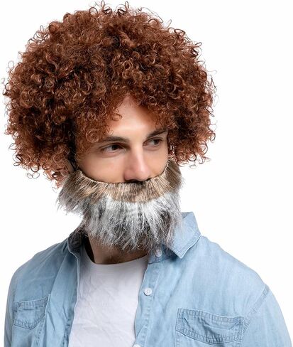 Spooktacular Creations Halloween Brown Afro Wig with Beard 70s/80s Disco Hippie Costume, for Unisex Funky Curl Hair, Curly Afro Wig Outfits Halloween Costume Art Teacher Cosplay Party Accessories in Saudi Arabia