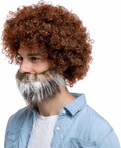 Spooktacular Creations Halloween Brown Afro Wig with Beard 70s/80s Disco Hippie Costume, for Unisex Funky Curl Hair, Curly Afro Wig Outfits Halloween Costume Art Teacher Cosplay Party Accessories in Saudi Arabia