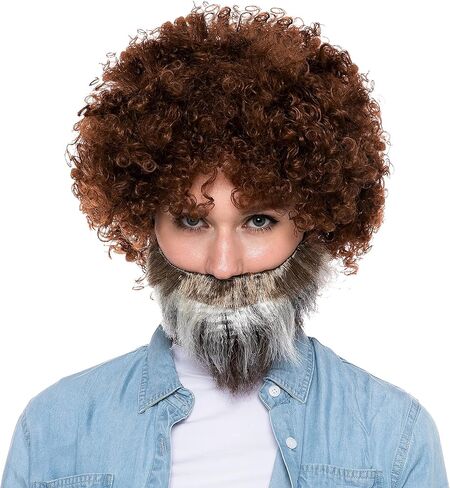 Spooktacular Creations Halloween Brown Afro Wig with Beard 70s/80s Disco Hippie Costume, for Unisex Funky Curl Hair, Curly Afro Wig Outfits Halloween Costume Art Teacher Cosplay Party Accessories in Saudi Arabia