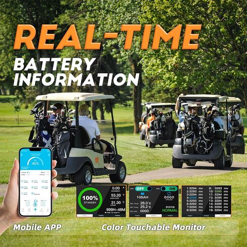 36V 105Ah Golf Cart Lithium Battery, Built-in Smart 200A BMS with Touch Monitor and 20-Amp Charger, APP Supported, MAX 7680W, 4000+ Cycles Charging, Designed for Golf Carts in Saudi Arabia