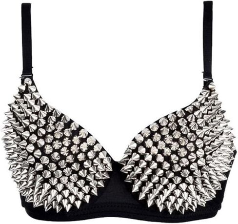 Spiked Rivet Studded Bra (Cup B Only) Spiky Goth Metallic Punk Metal Strappy Top, Women’s Spikey Steampunk Fashion Corset, Silver Stud Clubwear Party Sport Rave Dancing Performance in Saudi Arabia