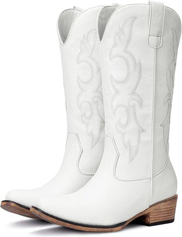 أحذية رعاة البقر للنساء - أحذية راعية البقر مطرزة غربية متوسطة الساق بكعب مكتنز ومقدمة مدببة أحذية ريفية in Kuwait