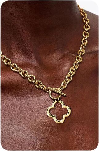 Krfy Chunky 16K Gold Plated Necklace for Women, Hammered Cross Necklace for Women Non Tarnish, Heart Clover Necklace Pendant, Dainty Toggle Necklaces Paperclip Chains Jewelry 45cm in Saudi Arabia