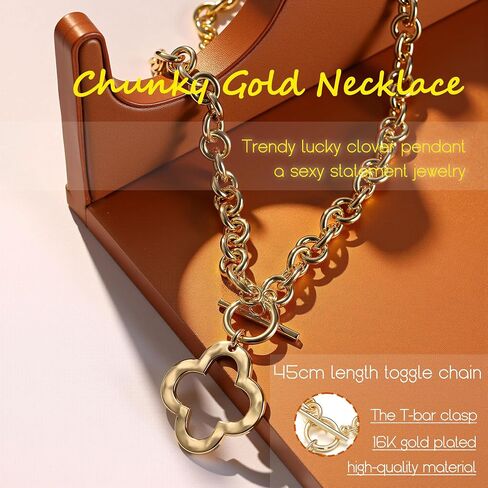 Krfy Chunky 16K Gold Plated Necklace for Women, Hammered Cross Necklace for Women Non Tarnish, Heart Clover Necklace Pendant, Dainty Toggle Necklaces Paperclip Chains Jewelry 45cm in Saudi Arabia