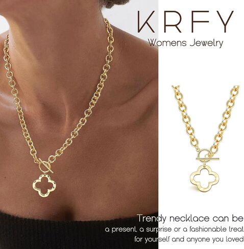 Krfy Chunky 16K Gold Plated Necklace for Women, Hammered Cross Necklace for Women Non Tarnish, Heart Clover Necklace Pendant, Dainty Toggle Necklaces Paperclip Chains Jewelry 45cm in Saudi Arabia