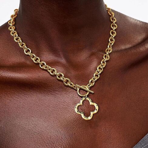 Krfy Chunky 16K Gold Plated Necklace for Women, Hammered Cross Necklace for Women Non Tarnish, Heart Clover Necklace Pendant, Dainty Toggle Necklaces Paperclip Chains Jewelry 45cm in Saudi Arabia