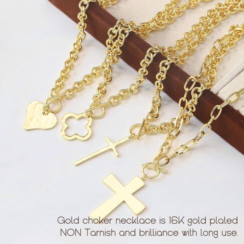 Krfy Chunky 16K Gold Plated Necklace for Women, Hammered Cross Necklace for Women Non Tarnish, Heart Clover Necklace Pendant, Dainty Toggle Necklaces Paperclip Chains Jewelry 45cm in Saudi Arabia