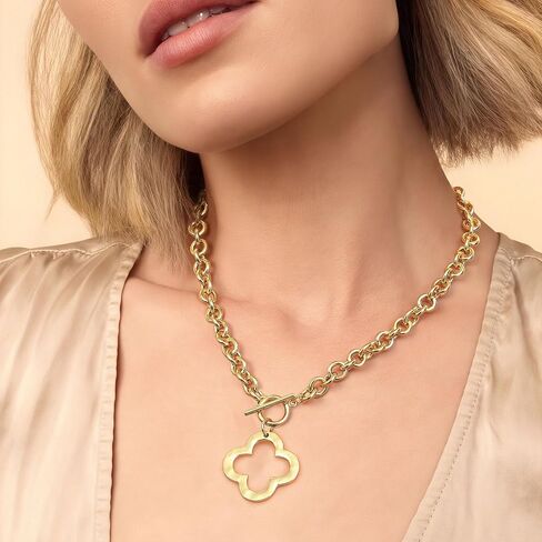Krfy Chunky 16K Gold Plated Necklace for Women, Hammered Cross Necklace for Women Non Tarnish, Heart Clover Necklace Pendant, Dainty Toggle Necklaces Paperclip Chains Jewelry 45cm in Saudi Arabia