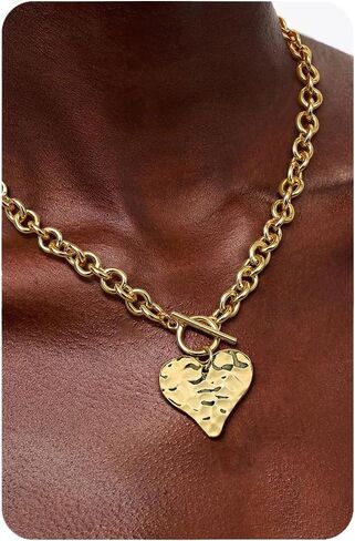 Krfy Chunky 16K Gold Plated Necklace for Women, Hammered Cross Necklace for Women Non Tarnish, Heart Clover Necklace Pendant, Dainty Toggle Necklaces Paperclip Chains Jewelry 45cm in Saudi Arabia