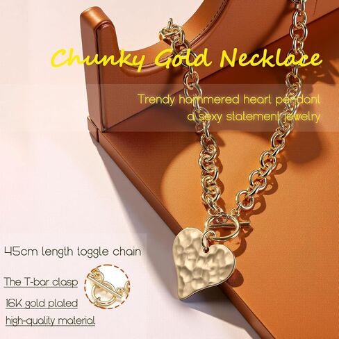 Krfy Chunky 16K Gold Plated Necklace for Women, Hammered Cross Necklace for Women Non Tarnish, Heart Clover Necklace Pendant, Dainty Toggle Necklaces Paperclip Chains Jewelry 45cm in Saudi Arabia