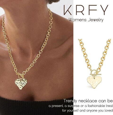 Krfy Chunky 16K Gold Plated Necklace for Women, Hammered Cross Necklace for Women Non Tarnish, Heart Clover Necklace Pendant, Dainty Toggle Necklaces Paperclip Chains Jewelry 45cm in Saudi Arabia
