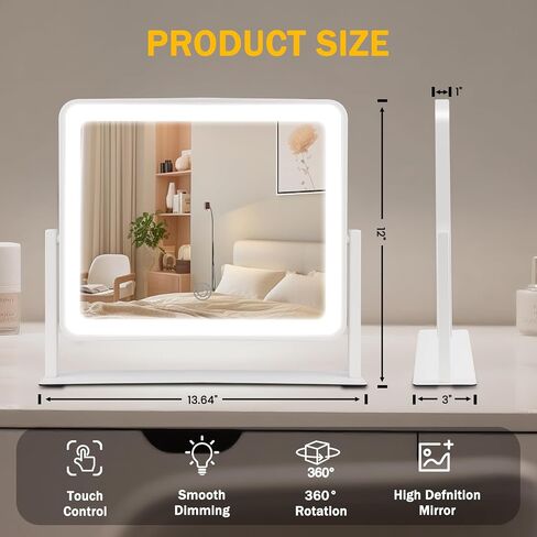 مرآة الغرور مع الأضواء ، 14 "× 12" مرآة مكياج LED ، مرآة محترفة عالية الدقة ، لمسة ذكية مع إضاءة 3 ألوان ، قابلة للتدوير ، 360 درجة ، إضاءة لمكتب المكياج ، غرفة نوم (أبيض) in Saudi Arabia