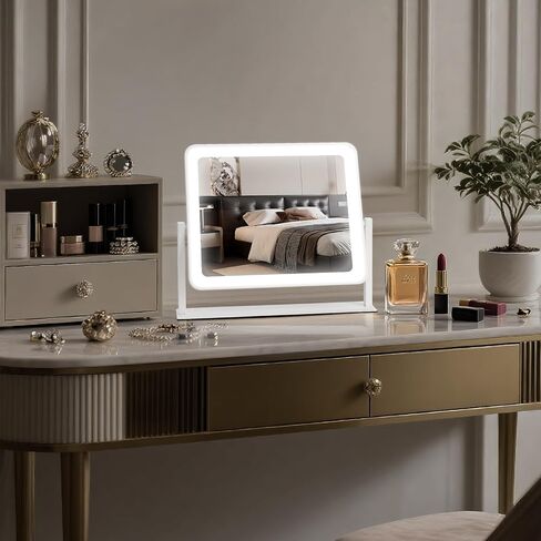 مرآة الغرور مع الأضواء ، 14 "× 12" مرآة مكياج LED ، مرآة محترفة عالية الدقة ، لمسة ذكية مع إضاءة 3 ألوان ، قابلة للتدوير ، 360 درجة ، إضاءة لمكتب المكياج ، غرفة نوم (أبيض) in Saudi Arabia