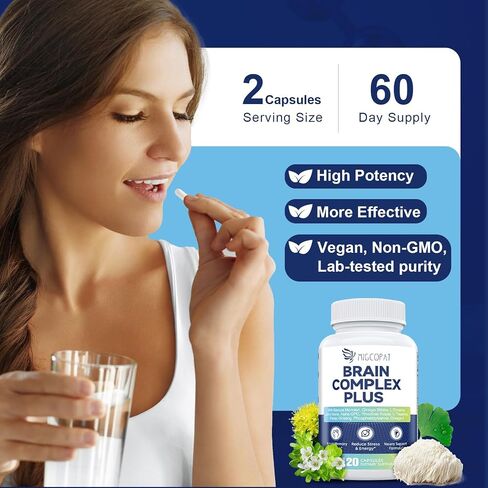 مكملات الدماغ للذاكرة والتركيز | Nootropic مع Bacopa Monnieri ، Lion's Mane ، Alpha GPC ، Ginkgo Biloba | الوضوح العقلي والدعم المعرفي | فيتامين B6 و B12 Neuro Health - Non -GMO ، 120 CAPS in Kuwait
