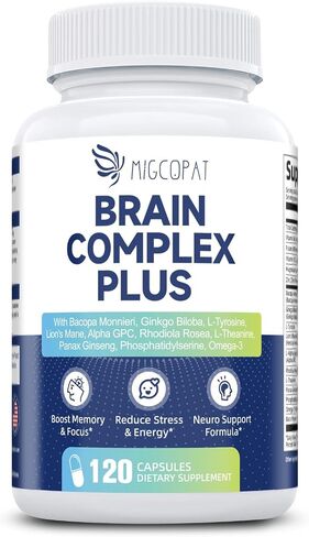 مكملات الدماغ للذاكرة والتركيز | Nootropic مع Bacopa Monnieri ، Lion's Mane ، Alpha GPC ، Ginkgo Biloba | الوضوح العقلي والدعم المعرفي | فيتامين B6 و B12 Neuro Health - Non -GMO ، 120 CAPS in Kuwait