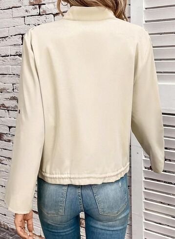 EVALESS Womens Zip Up Jacket Roll Tab Sleeve Shacket Flap Pocket Drawstring Hem Lightweight Coat in Saudi Arabia