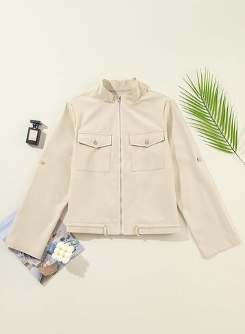 EVALESS Womens Zip Up Jacket Roll Tab Sleeve Shacket Flap Pocket Drawstring Hem Lightweight Coat in Saudi Arabia