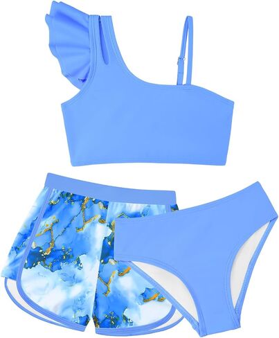 SHEKINI Girls Swimwear Ruffled Bathing Suit for Girls 3 Piece Tropical Print Bikini Set with Shorts Size 7-14 in Saudi Arabia