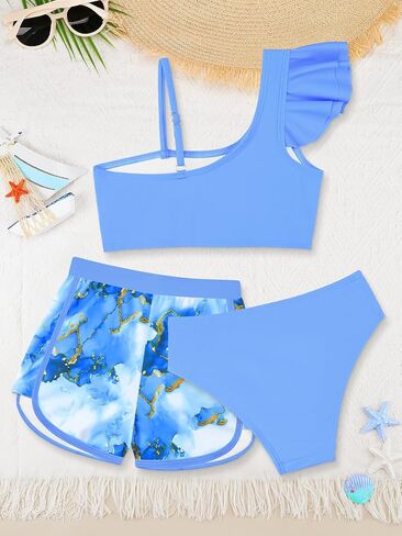 SHEKINI Girls Swimwear Ruffled Bathing Suit for Girls 3 Piece Tropical Print Bikini Set with Shorts Size 7-14 in Saudi Arabia