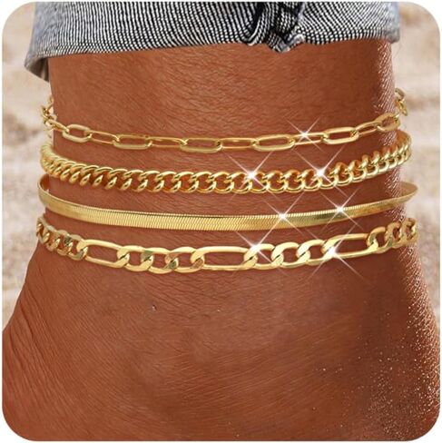 ORAZIO Gold Ankle Bracelets for Women, 14k Gold Plated Anklets for Women Waterproof Layered Cuban Figaro Paperclip Link Herringbone Chain Anklets Non Tarnish Summer Beach Jewelry Gift Adjustable Size in Saudi Arabia