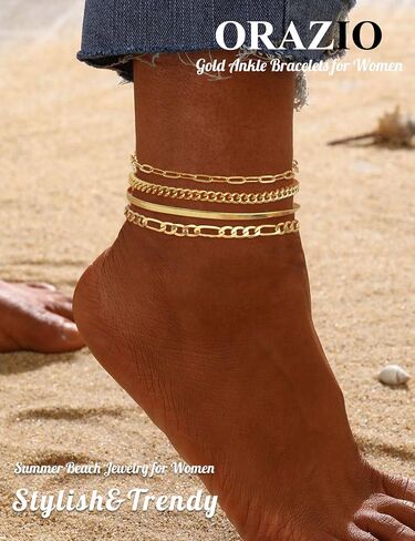 ORAZIO Gold Ankle Bracelets for Women, 14k Gold Plated Anklets for Women Waterproof Layered Cuban Figaro Paperclip Link Herringbone Chain Anklets Non Tarnish Summer Beach Jewelry Gift Adjustable Size in Saudi Arabia
