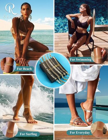 ORAZIO Gold Ankle Bracelets for Women, 14k Gold Plated Anklets for Women Waterproof Layered Cuban Figaro Paperclip Link Herringbone Chain Anklets Non Tarnish Summer Beach Jewelry Gift Adjustable Size in Saudi Arabia