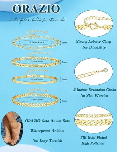 ORAZIO Gold Ankle Bracelets for Women, 14k Gold Plated Anklets for Women Waterproof Layered Cuban Figaro Paperclip Link Herringbone Chain Anklets Non Tarnish Summer Beach Jewelry Gift Adjustable Size in Saudi Arabia