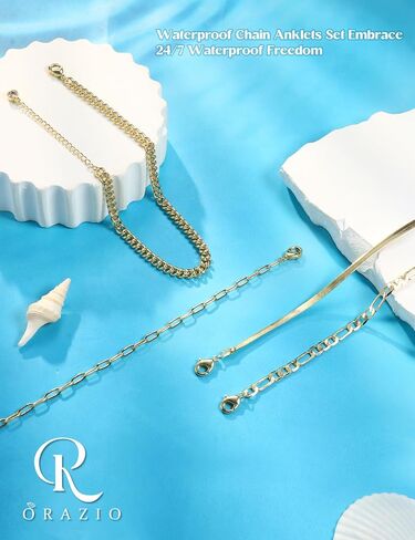 ORAZIO Gold Ankle Bracelets for Women, 14k Gold Plated Anklets for Women Waterproof Layered Cuban Figaro Paperclip Link Herringbone Chain Anklets Non Tarnish Summer Beach Jewelry Gift Adjustable Size in Saudi Arabia