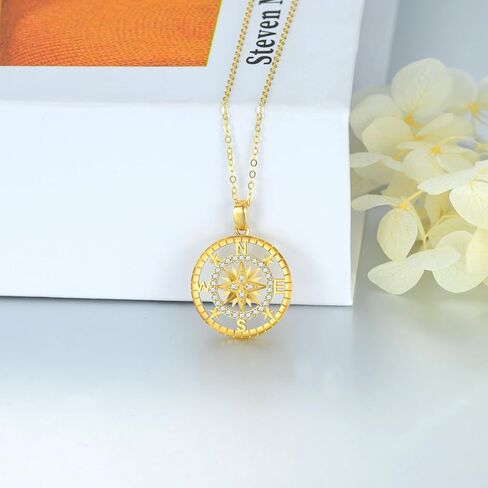 14K Gold Natural Diamond Compass Necklace for Women,Solid Gold Compass Pendant Necklace, Fine Jewelry Graduation Birthday Gifts for Her Daughter Friends,16+2 Inch in Saudi Arabia