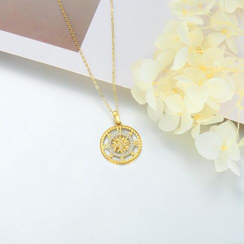 14K Gold Natural Diamond Compass Necklace for Women,Solid Gold Compass Pendant Necklace, Fine Jewelry Graduation Birthday Gifts for Her Daughter Friends,16+2 Inch in Saudi Arabia