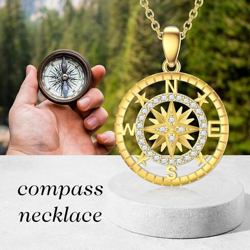 14K Gold Natural Diamond Compass Necklace for Women,Solid Gold Compass Pendant Necklace, Fine Jewelry Graduation Birthday Gifts for Her Daughter Friends,16+2 Inch in Saudi Arabia