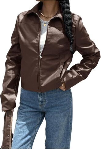 MakeMeChic Women's Crop Faux Leather Jacket Vintage Long Sleeve Collar Zip Up Biker Motorcycle Jackets Coats in Saudi Arabia