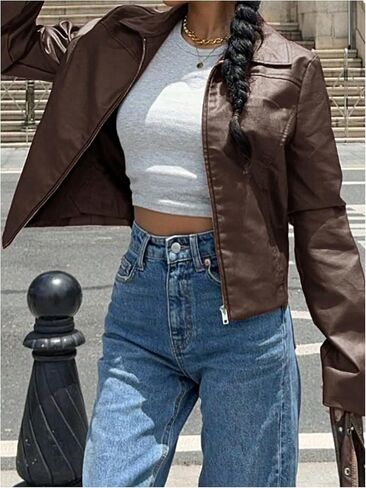 MakeMeChic Women's Crop Faux Leather Jacket Vintage Long Sleeve Collar Zip Up Biker Motorcycle Jackets Coats in Saudi Arabia