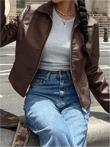 MakeMeChic Women's Crop Faux Leather Jacket Vintage Long Sleeve Collar Zip Up Biker Motorcycle Jackets Coats in Saudi Arabia
