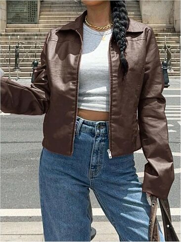 MakeMeChic Women's Crop Faux Leather Jacket Vintage Long Sleeve Collar Zip Up Biker Motorcycle Jackets Coats in Saudi Arabia