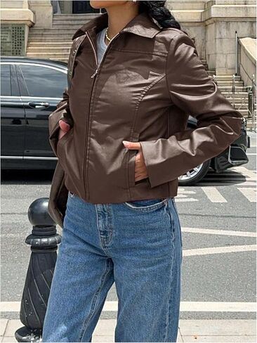 MakeMeChic Women's Crop Faux Leather Jacket Vintage Long Sleeve Collar Zip Up Biker Motorcycle Jackets Coats in Saudi Arabia