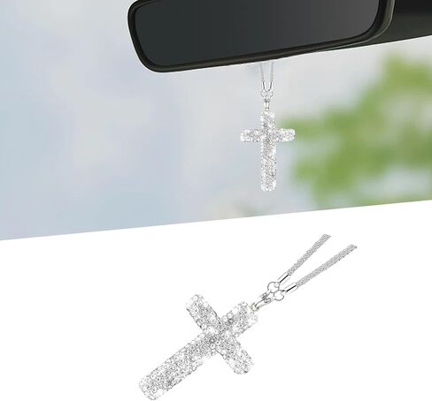 Bling Car Hanging Ornament, Cross Crystal Rhinestone Vehicle Rear View Mirror Pendant, Diamond Religious Rearview Mirror Decoration Charm, Universal Automotive Interior Accessories (Silver) in Saudi Arabia