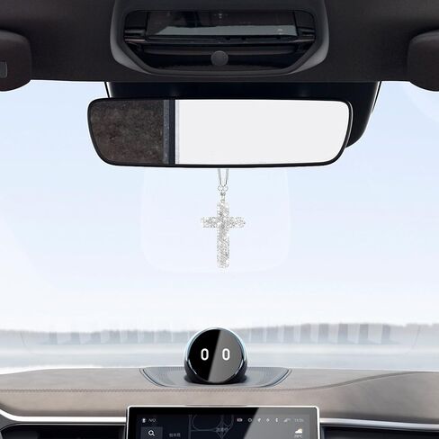 Bling Car Hanging Ornament, Cross Crystal Rhinestone Vehicle Rear View Mirror Pendant, Diamond Religious Rearview Mirror Decoration Charm, Universal Automotive Interior Accessories (Silver) in Saudi Arabia