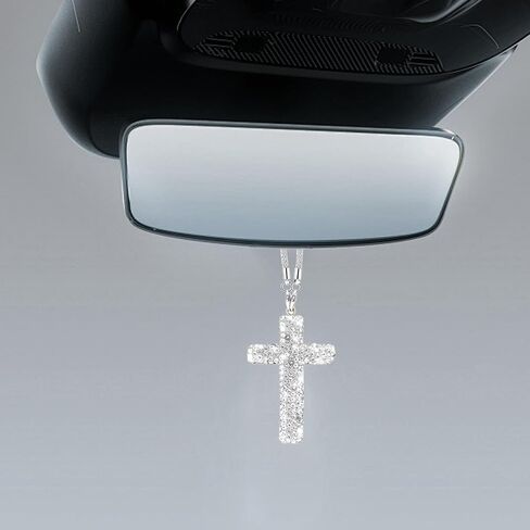Bling Car Hanging Ornament, Cross Crystal Rhinestone Vehicle Rear View Mirror Pendant, Diamond Religious Rearview Mirror Decoration Charm, Universal Automotive Interior Accessories (Silver) in Saudi Arabia