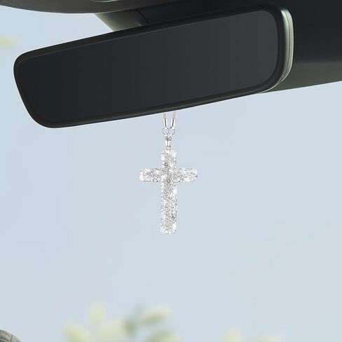 Bling Car Hanging Ornament, Cross Crystal Rhinestone Vehicle Rear View Mirror Pendant, Diamond Religious Rearview Mirror Decoration Charm, Universal Automotive Interior Accessories (Silver) in Saudi Arabia